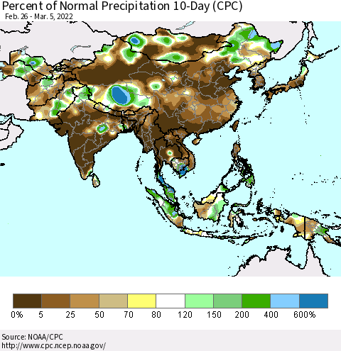 Asia Percent of Normal Precipitation 10-Day (CPC) Thematic Map For 2/26/2022 - 3/5/2022
