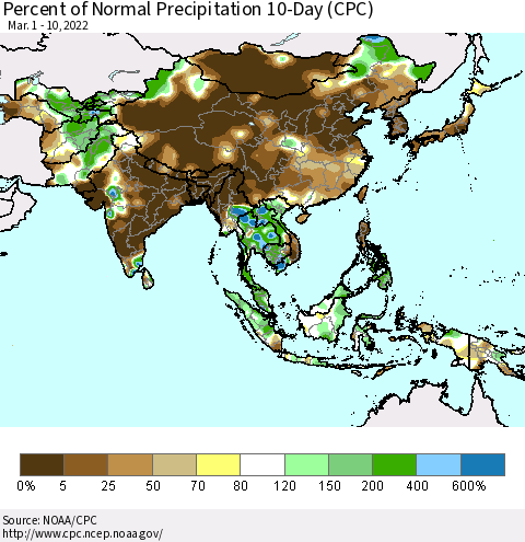 Asia Percent of Normal Precipitation 10-Day (CPC) Thematic Map For 3/1/2022 - 3/10/2022