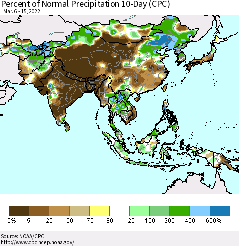 Asia Percent of Normal Precipitation 10-Day (CPC) Thematic Map For 3/6/2022 - 3/15/2022