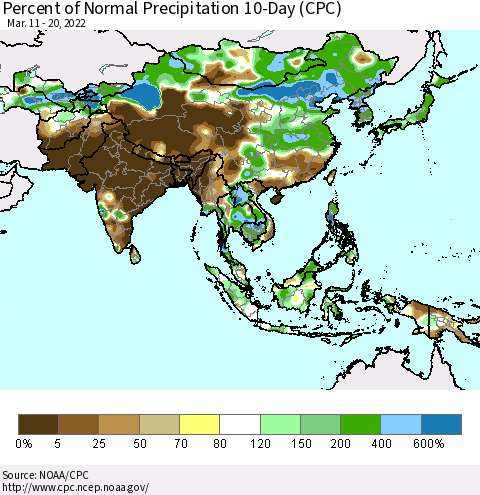 Asia Percent of Normal Precipitation 10-Day (CPC) Thematic Map For 3/11/2022 - 3/20/2022