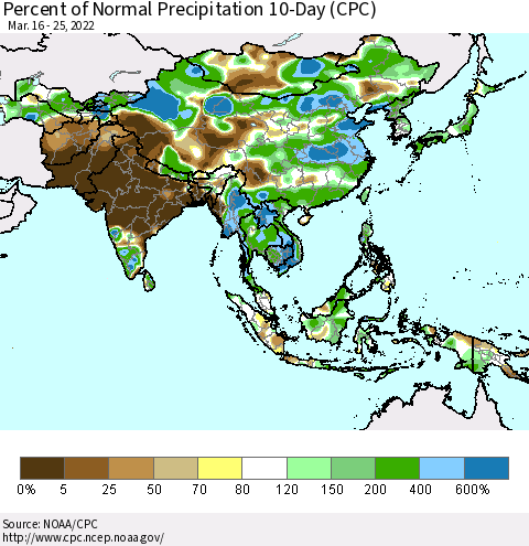 Asia Percent of Normal Precipitation 10-Day (CPC) Thematic Map For 3/16/2022 - 3/25/2022
