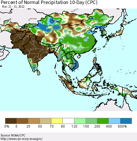Asia Percent of Normal Precipitation 10-Day (CPC) Thematic Map For 3/21/2022 - 3/31/2022