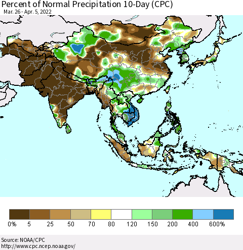 Asia Percent of Normal Precipitation 10-Day (CPC) Thematic Map For 3/26/2022 - 4/5/2022