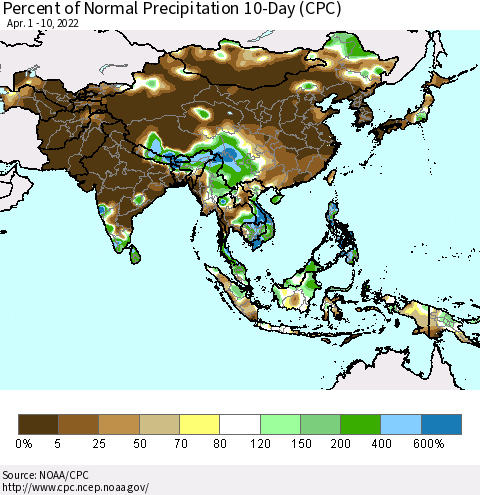 Asia Percent of Normal Precipitation 10-Day (CPC) Thematic Map For 4/1/2022 - 4/10/2022