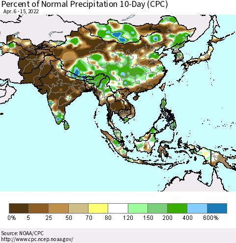 Asia Percent of Normal Precipitation 10-Day (CPC) Thematic Map For 4/6/2022 - 4/15/2022