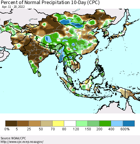 Asia Percent of Normal Precipitation 10-Day (CPC) Thematic Map For 4/11/2022 - 4/20/2022