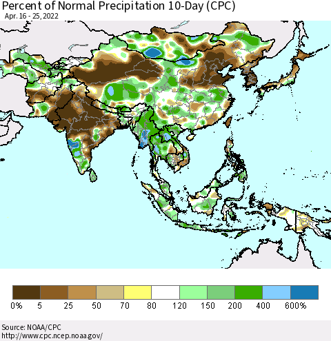 Asia Percent of Normal Precipitation 10-Day (CPC) Thematic Map For 4/16/2022 - 4/25/2022