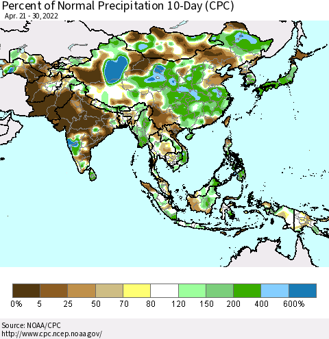 Asia Percent of Normal Precipitation 10-Day (CPC) Thematic Map For 4/21/2022 - 4/30/2022
