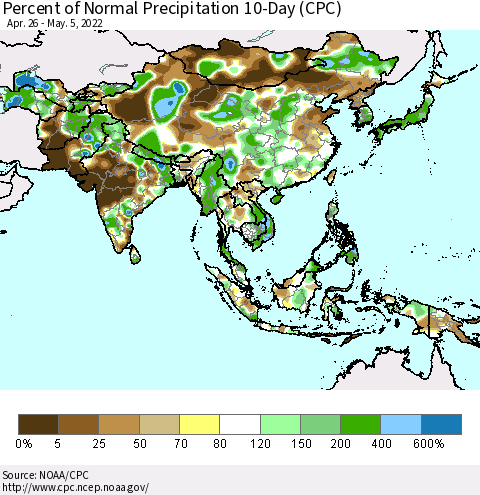 Asia Percent of Normal Precipitation 10-Day (CPC) Thematic Map For 4/26/2022 - 5/5/2022
