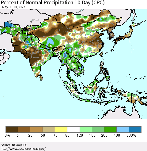 Asia Percent of Normal Precipitation 10-Day (CPC) Thematic Map For 5/1/2022 - 5/10/2022