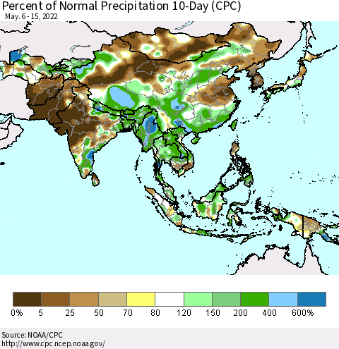 Asia Percent of Normal Precipitation 10-Day (CPC) Thematic Map For 5/6/2022 - 5/15/2022