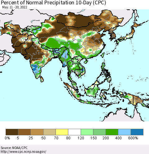 Asia Percent of Normal Precipitation 10-Day (CPC) Thematic Map For 5/11/2022 - 5/20/2022