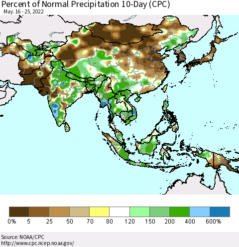 Asia Percent of Normal Precipitation 10-Day (CPC) Thematic Map For 5/16/2022 - 5/25/2022