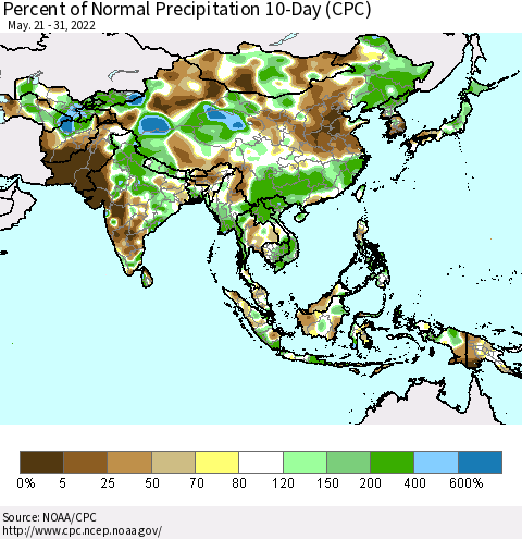 Asia Percent of Normal Precipitation 10-Day (CPC) Thematic Map For 5/21/2022 - 5/31/2022