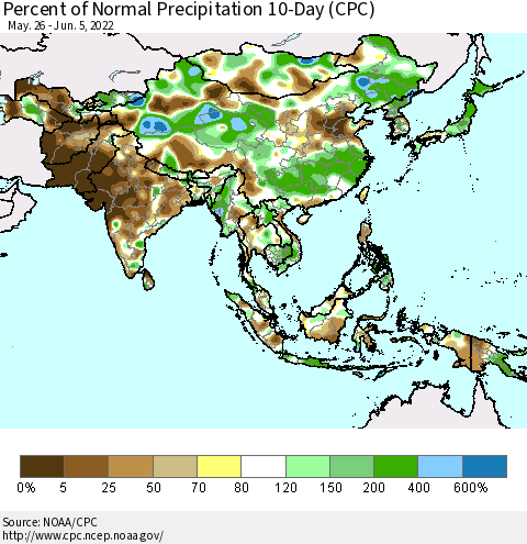Asia Percent of Normal Precipitation 10-Day (CPC) Thematic Map For 5/26/2022 - 6/5/2022