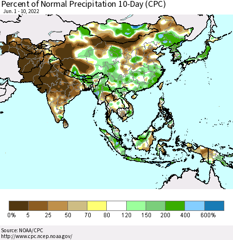 Asia Percent of Normal Precipitation 10-Day (CPC) Thematic Map For 6/1/2022 - 6/10/2022