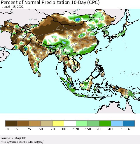 Asia Percent of Normal Precipitation 10-Day (CPC) Thematic Map For 6/6/2022 - 6/15/2022