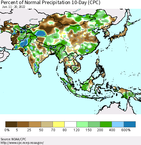 Asia Percent of Normal Precipitation 10-Day (CPC) Thematic Map For 6/11/2022 - 6/20/2022