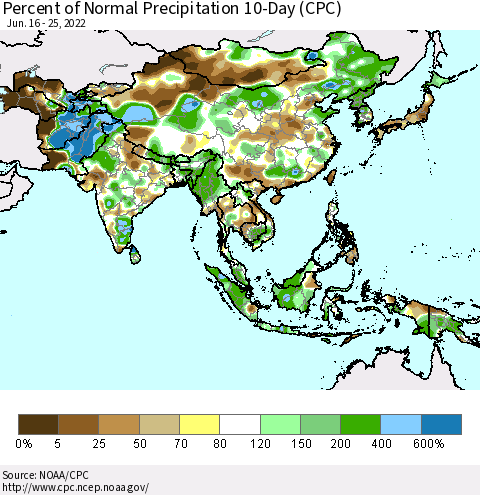Asia Percent of Normal Precipitation 10-Day (CPC) Thematic Map For 6/16/2022 - 6/25/2022