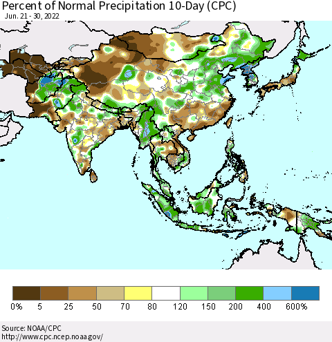 Asia Percent of Normal Precipitation 10-Day (CPC) Thematic Map For 6/21/2022 - 6/30/2022