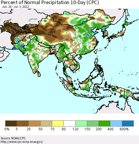 Asia Percent of Normal Precipitation 10-Day (CPC) Thematic Map For 6/26/2022 - 7/5/2022