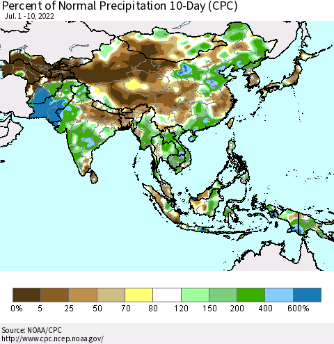 Asia Percent of Normal Precipitation 10-Day (CPC) Thematic Map For 7/1/2022 - 7/10/2022