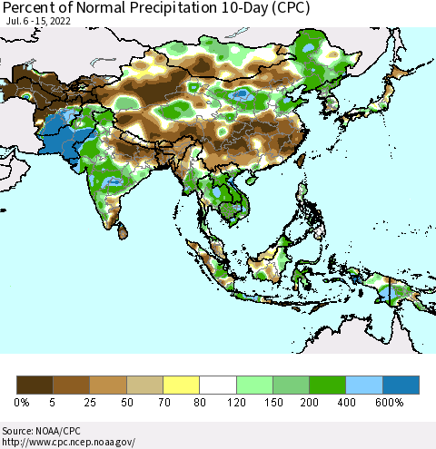 Asia Percent of Normal Precipitation 10-Day (CPC) Thematic Map For 7/6/2022 - 7/15/2022