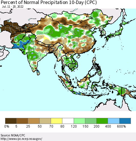 Asia Percent of Normal Precipitation 10-Day (CPC) Thematic Map For 7/11/2022 - 7/20/2022