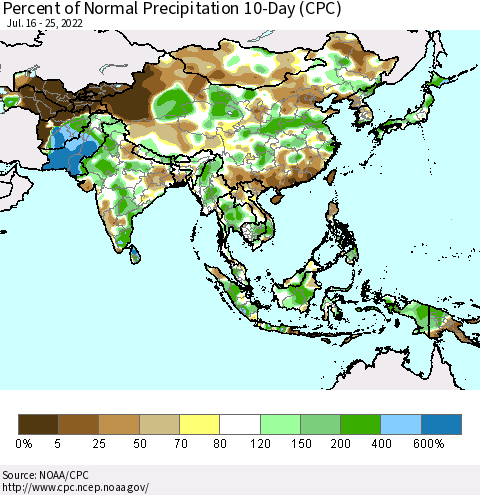 Asia Percent of Normal Precipitation 10-Day (CPC) Thematic Map For 7/16/2022 - 7/25/2022