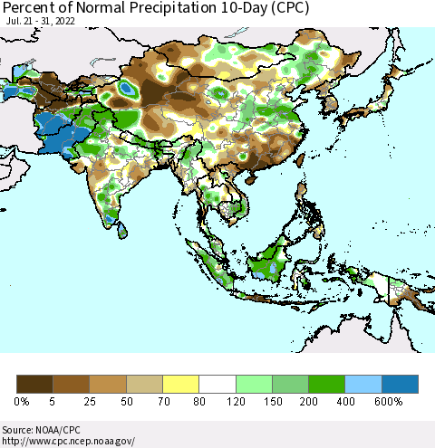 Asia Percent of Normal Precipitation 10-Day (CPC) Thematic Map For 7/21/2022 - 7/31/2022