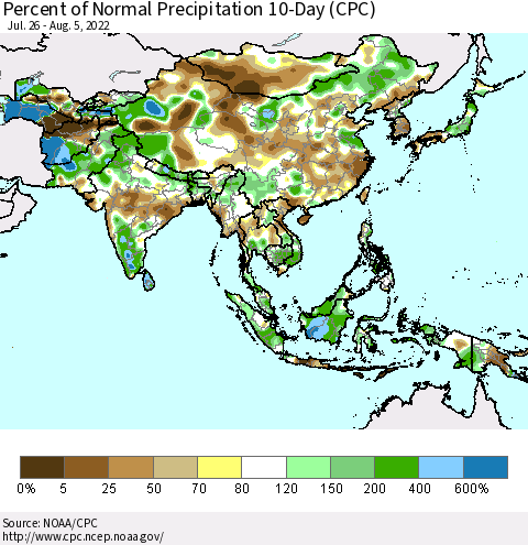 Asia Percent of Normal Precipitation 10-Day (CPC) Thematic Map For 7/26/2022 - 8/5/2022