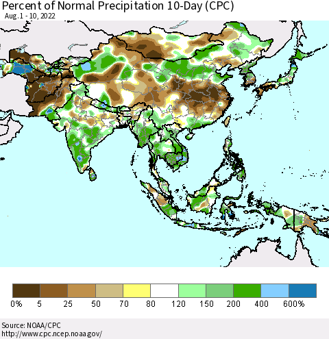 Asia Percent of Normal Precipitation 10-Day (CPC) Thematic Map For 8/1/2022 - 8/10/2022