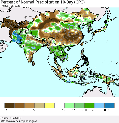 Asia Percent of Normal Precipitation 10-Day (CPC) Thematic Map For 8/6/2022 - 8/15/2022