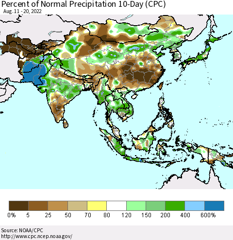 Asia Percent of Normal Precipitation 10-Day (CPC) Thematic Map For 8/11/2022 - 8/20/2022