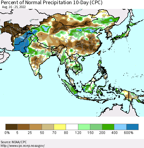 Asia Percent of Normal Precipitation 10-Day (CPC) Thematic Map For 8/16/2022 - 8/25/2022