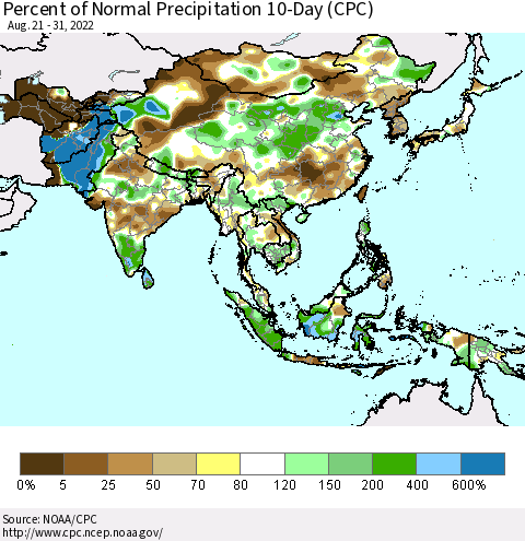 Asia Percent of Normal Precipitation 10-Day (CPC) Thematic Map For 8/21/2022 - 8/31/2022