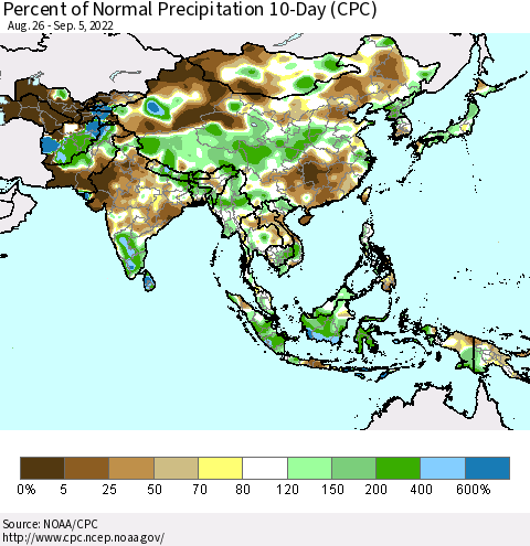 Asia Percent of Normal Precipitation 10-Day (CPC) Thematic Map For 8/26/2022 - 9/5/2022