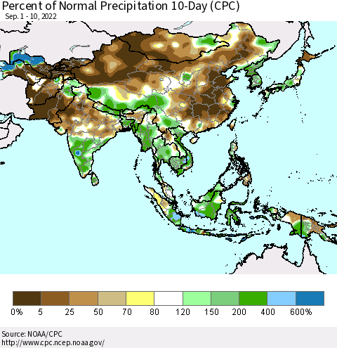 Asia Percent of Normal Precipitation 10-Day (CPC) Thematic Map For 9/1/2022 - 9/10/2022