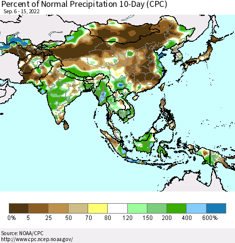 Asia Percent of Normal Precipitation 10-Day (CPC) Thematic Map For 9/6/2022 - 9/15/2022