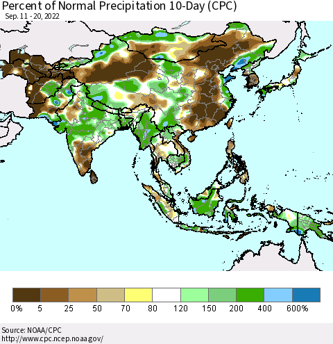 Asia Percent of Normal Precipitation 10-Day (CPC) Thematic Map For 9/11/2022 - 9/20/2022