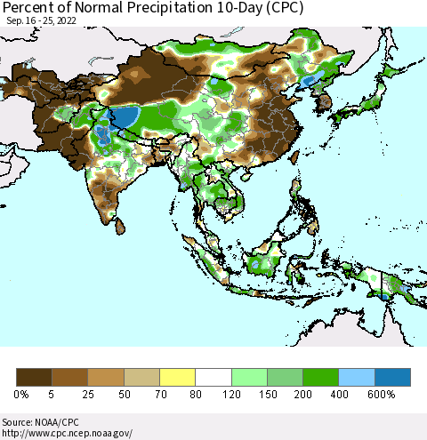 Asia Percent of Normal Precipitation 10-Day (CPC) Thematic Map For 9/16/2022 - 9/25/2022