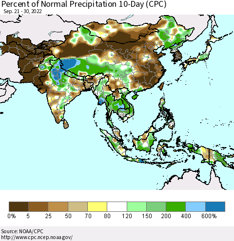 Asia Percent of Normal Precipitation 10-Day (CPC) Thematic Map For 9/21/2022 - 9/30/2022
