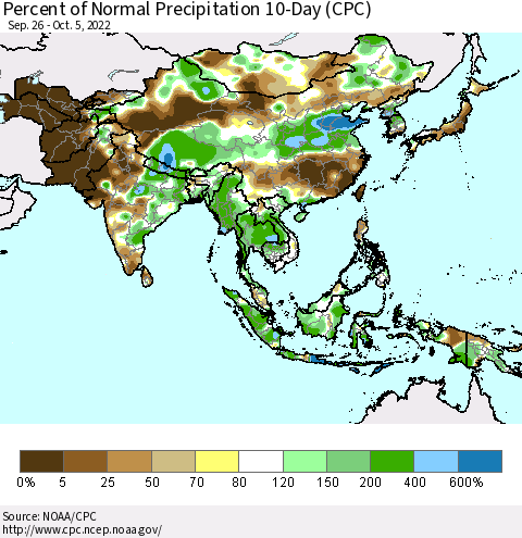 Asia Percent of Normal Precipitation 10-Day (CPC) Thematic Map For 9/26/2022 - 10/5/2022