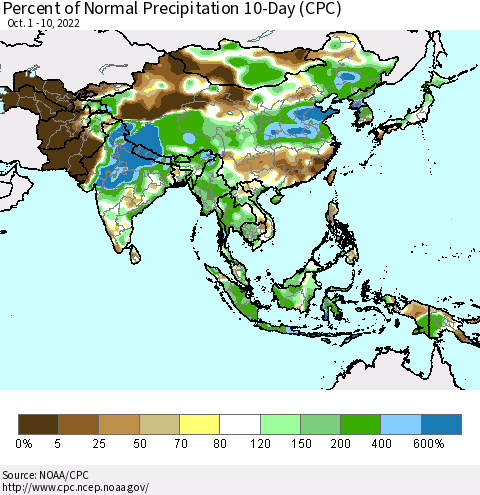 Asia Percent of Normal Precipitation 10-Day (CPC) Thematic Map For 10/1/2022 - 10/10/2022