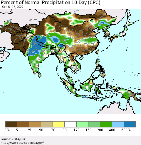 Asia Percent of Normal Precipitation 10-Day (CPC) Thematic Map For 10/6/2022 - 10/15/2022