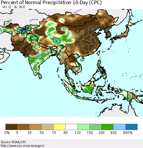 Asia Percent of Normal Precipitation 10-Day (CPC) Thematic Map For 10/11/2022 - 10/20/2022
