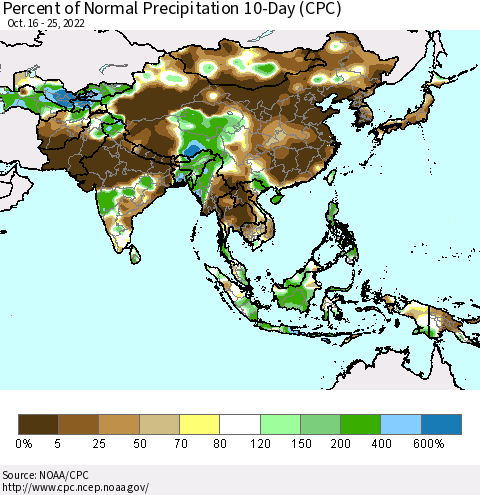 Asia Percent of Normal Precipitation 10-Day (CPC) Thematic Map For 10/16/2022 - 10/25/2022
