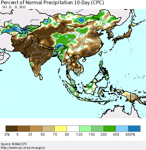 Asia Percent of Normal Precipitation 10-Day (CPC) Thematic Map For 10/21/2022 - 10/31/2022