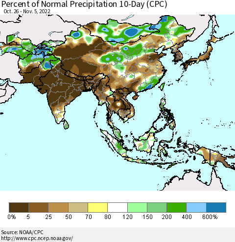 Asia Percent of Normal Precipitation 10-Day (CPC) Thematic Map For 10/26/2022 - 11/5/2022