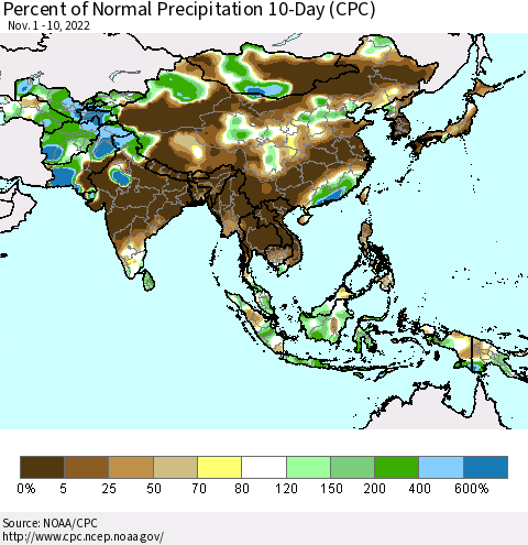 Asia Percent of Normal Precipitation 10-Day (CPC) Thematic Map For 11/1/2022 - 11/10/2022